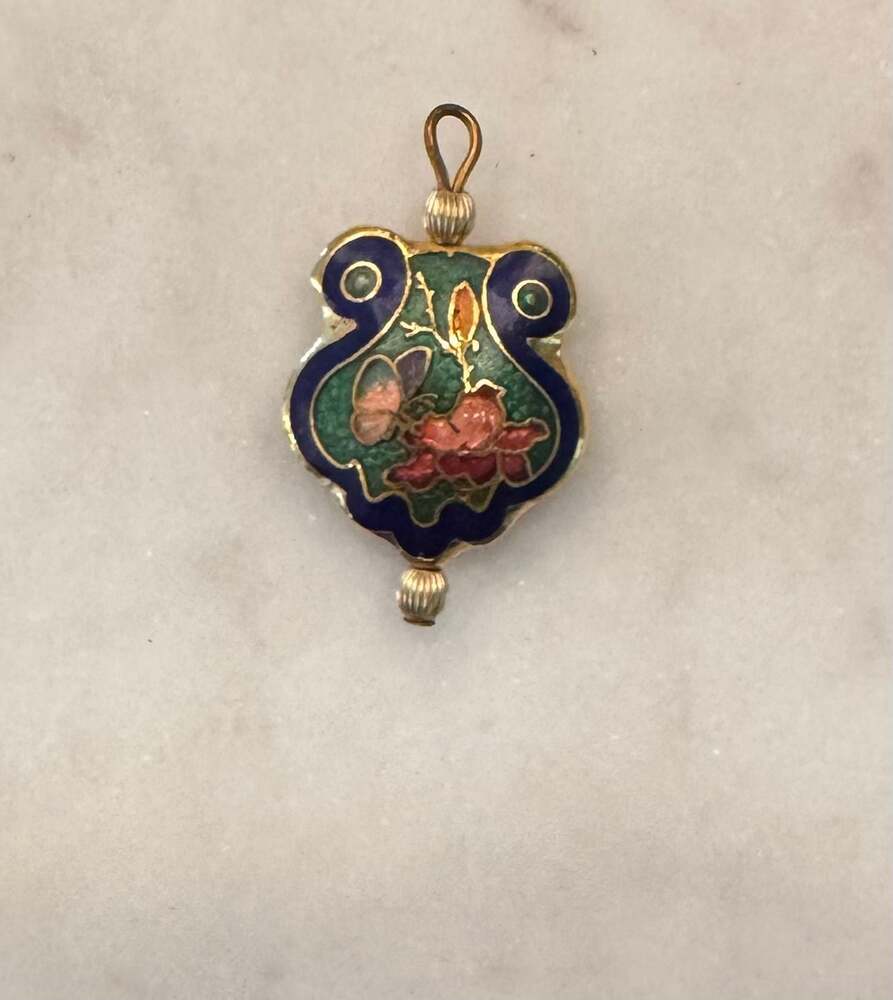 Vintage Cloisonné Blue Flower Butterfly Double Sided Pendant